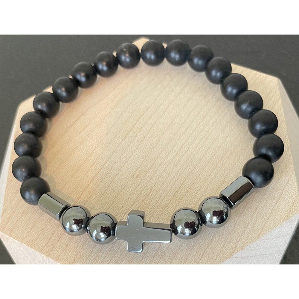 Hematite Cross Black Bead Stretchy Bracelet Unisex One Size Fits Most